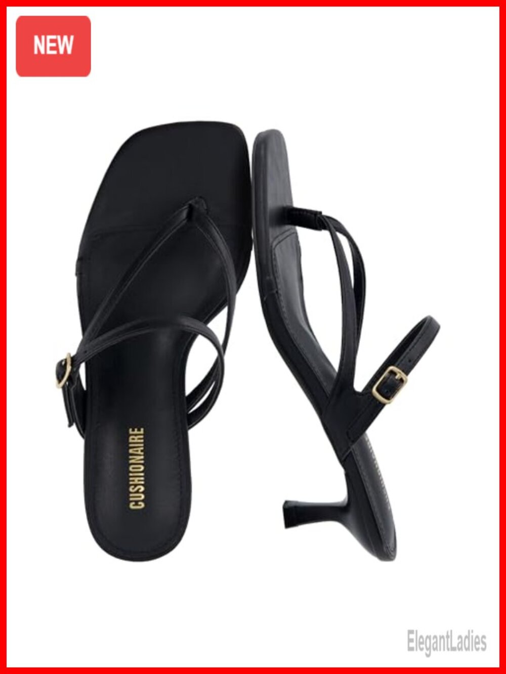 Kitten Heel Sandals Adjustable Thong Strap Square Toe Faux Leather Padded